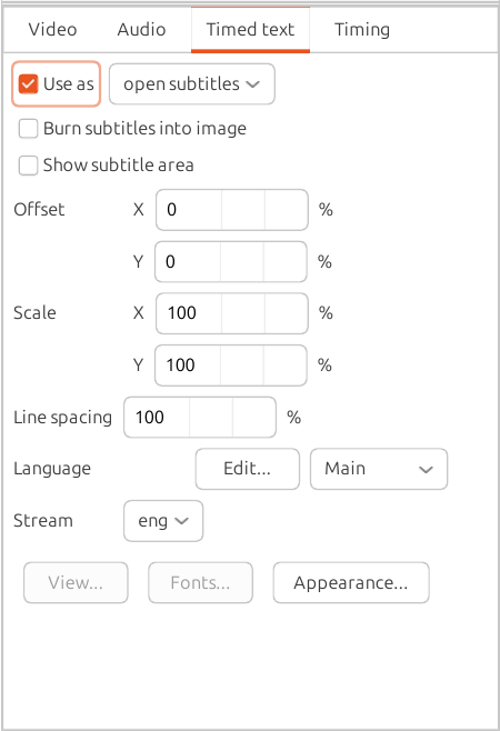 Timed text settings tab